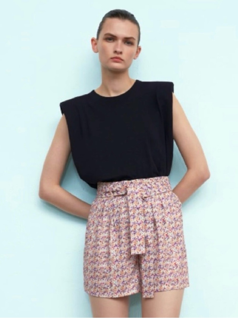 ZARA Printed High Waisted Paper Bag Shorts